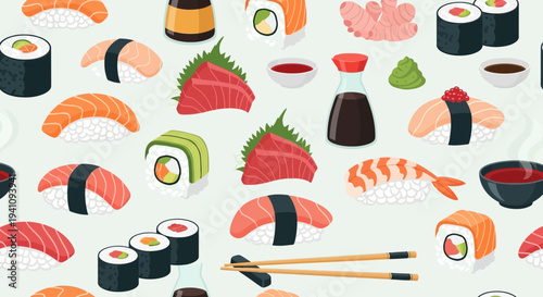 Japanese Sushi Assortment: Nigiri, Maki Rolls, Sashimi, Wasabi, Soy Sauce