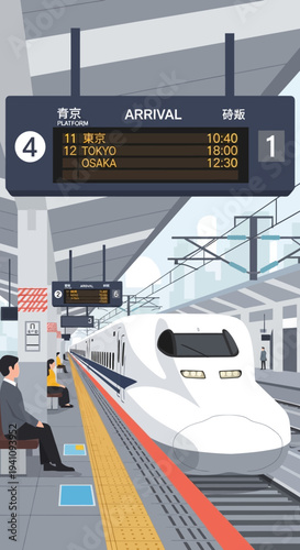 Modern high-speed train arriving at a station platform with departure board