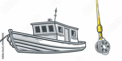 Stylized illustration of a fishing boat with a reel hanging above