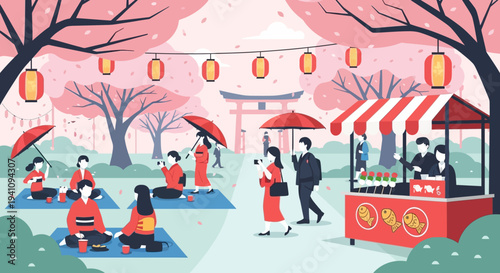 Cherry Blossom Festival: People Enjoying Picnic and Food Stalls Under Pink Trees