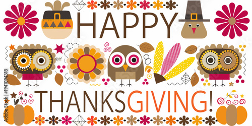 A colorful thanksgiving illustration featuring turkeys owls and festive decorations