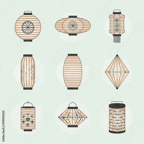 Collection of Traditional Japanese Lanterns, Various Shapes and Designs