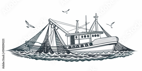 Vintage illustration of a fishing boat with a large net at sea