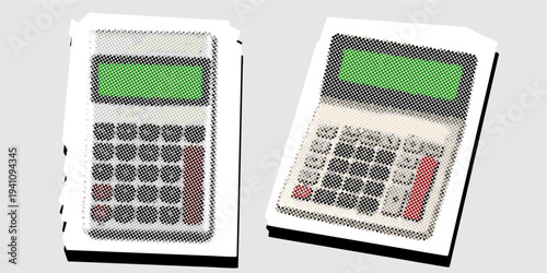 Set calculator editable halftone scrapbook element vector for retro zines. Ideal for symbolizing vintage math, pop art accounting, and finance.