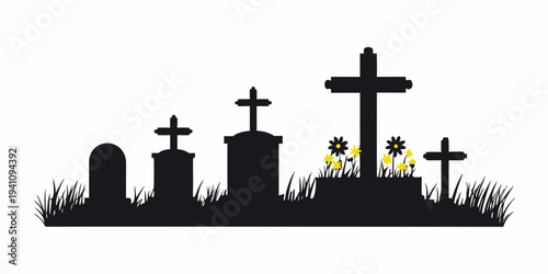 Silhouette of a graveyard with various tombstones and blooming wildflowers