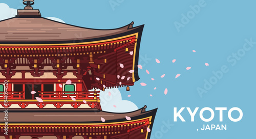 Kyoto Japan Traditional Temple Pagoda Cherry Blossom Petals Falling Blue Sky