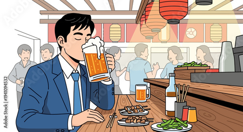 Man drinking beer at izakaya counter with food, enjoying after work relaxation