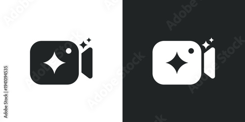 Video camera icon with sparkle effect symbolizing quality, editing and special visual effect. Filled single symbol. Flat style sign. Solid glyph vector illustration