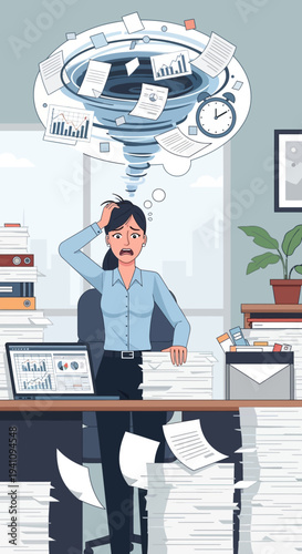 Overwhelmed businesswoman drowning in paperwork, stress, deadline, chaos, office work
