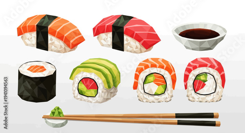 Assortment of Fresh Sushi and Sashimi with Soy Sauce and Chopsticks