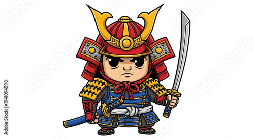 Chibi Samurai Warrior with Katana Sword, Cartoon Style