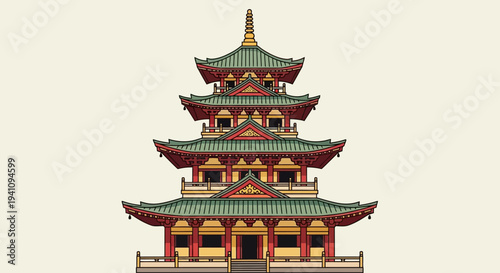 Traditional Japanese Pagoda Architecture, Multi-tiered Temple Building with Green Roofs