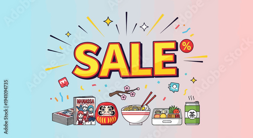 Japanese Sale Promotion with Anime Style Icons and Food