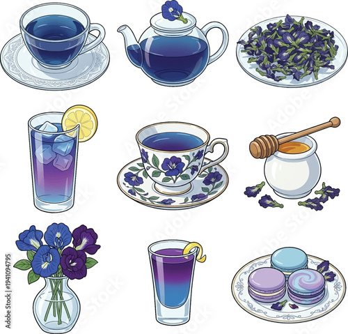 Butterfly Pea Flower Tea Collection Set with Herbal Drinks, Teapot, Honey and Macaron Vector Illustration