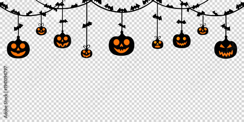 Halloween decorations featuring jack o lanterns and bats on transparent background