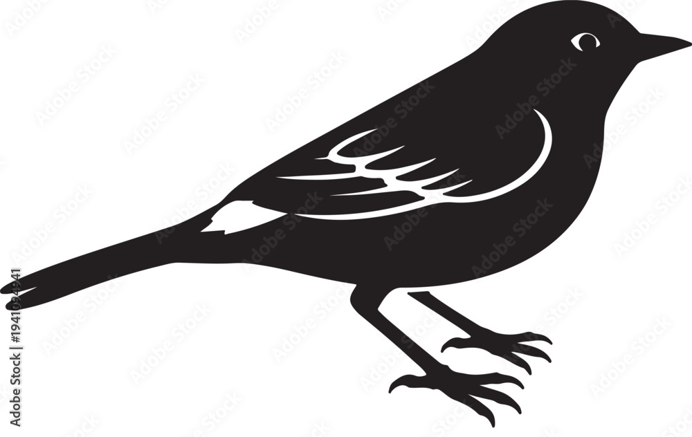 Obraz premium Black silhouette of a small bird with white accents on transparent background
