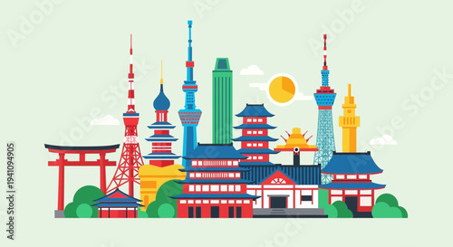 Vibrant Tokyo Skyline Illustration: Iconic Landmarks and Traditional Architecture
