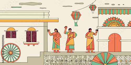 Indian women in traditional clothes stand before decorated buildings