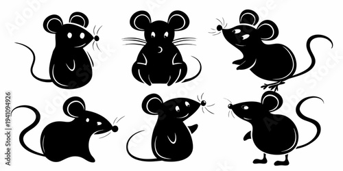 Black silhouette illustrations of six playful mice in various poses