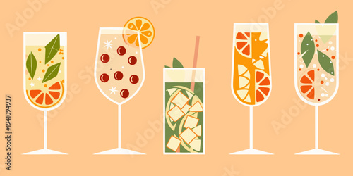 A collection of colorful fruity cocktails presented in tall elegant glasses