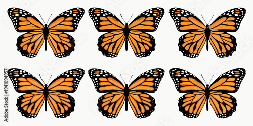 Six monarch butterflies arranged in a symmetrical grid pattern