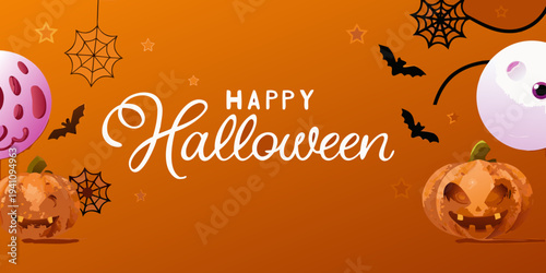 A festive halloween illustration with pumpkins bats and a spiderweb