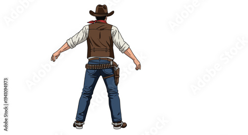 Back view of a cowboy standing with arms out wearing a traditional western hat and leather vest on white background.