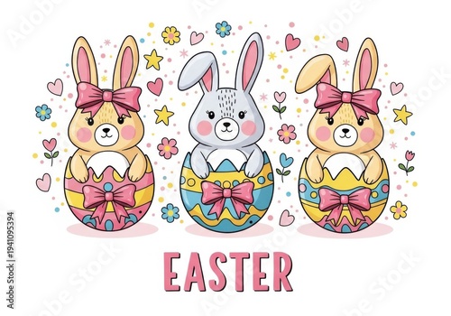 Easter greeting cards with chicks and eggs on white background