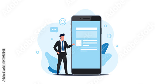 Businessman standing next to a giant smartphone displaying digital content, user interface, and modern mobile technology.