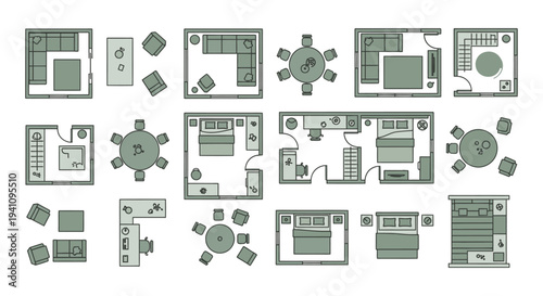 diverse collection of top-down room layouts and furniture arrangements for interior design planning and architectural blueprints