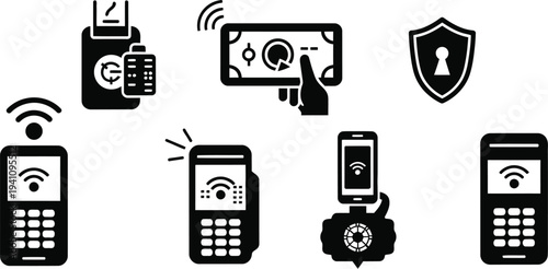 A set of icons represents contactless payment methods including mobile transactions, point of sale terminals, and financial transaction security shields.