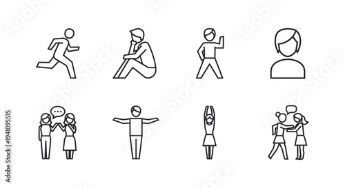 diverse collection of line art people icons illustrating various human actions emotions and social dynamics for modern design.