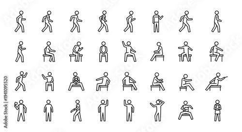 diverse stick figure human icons illustrating various standing walking sitting and gesturing poses ideal for infographics and uiux design