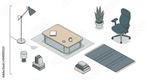 minimalist isometric home office elements isolated on white showcasing modern furniture layout and decor for interior design concepts.