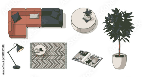 modern living room furniture set and home decor elements in top-down view for interior design concepts.