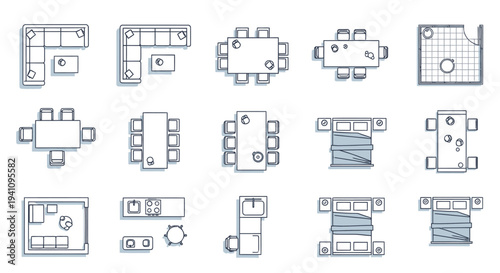 top-down vector furniture icons illustrating modern room layouts and interior design elements for architectural floor plans.