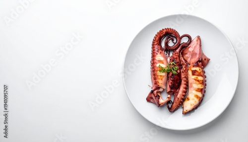 Top view of grilled octopus legs on a white plate, clean white background, neat minimal composition, soft studio lighting, realistic food photography.
