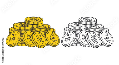 Golden Coins Stacked - Color and Outline Illustrations