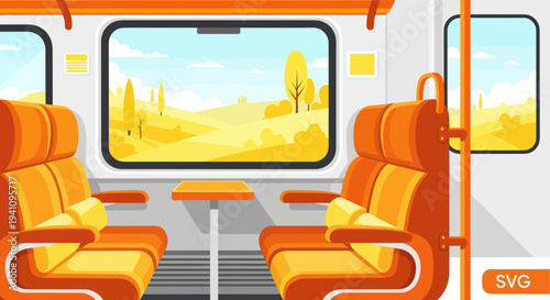 Empty train interior with seats and autumn landscape view from window