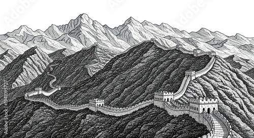 Great Wall of China winding through rugged mountains, historical landmark, ancient architecture