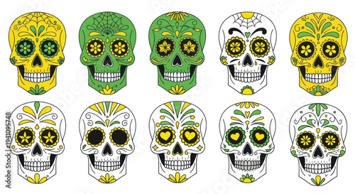Mexican Sugar Skulls, Day of the Dead Colorful Decorations, Dia de Muertos Icons