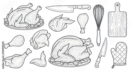 Roasted Chicken and Cooking Utensils Hand-Drawn Illustration