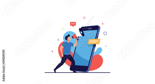 Man using a megaphone to shout at a giant smartphone symbolizing mobile marketing, advertisements, and announcements.