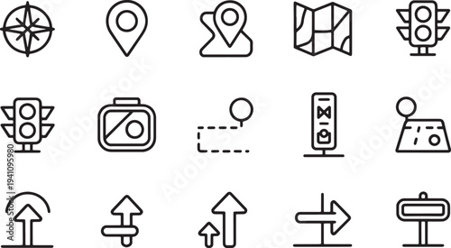 Navigation and map icons compass location traffic light vector
