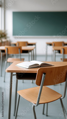 An empty classroom in a school with wooden desks and chairs, a green board in the center on the wall and an open book on the table on the blurred background