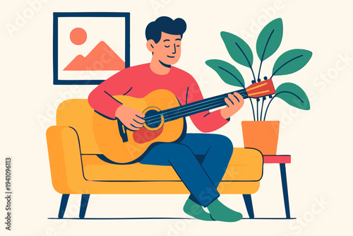 man playing guitar at home flat illustration