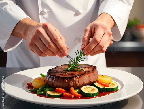 Chef Plating Steak with Roasted Vegetables and Rosemary Garnish Vector Illustration