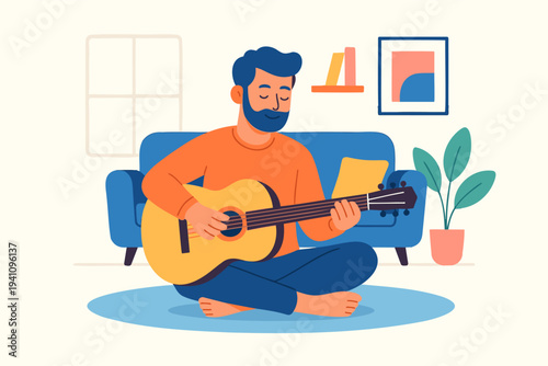 man playing guitar at home flat illustration
