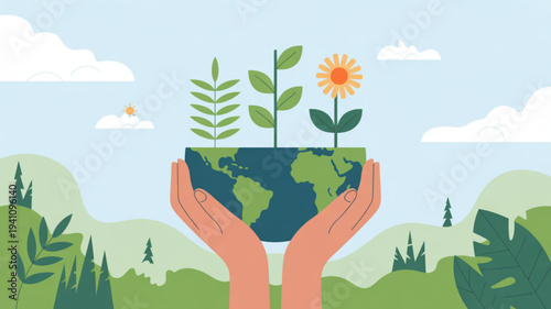 Hands holding green earth with sprouting plants and flower against serene natural landscape with rolling hills and trees