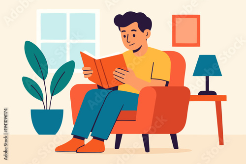 man playing reading at home flat illustration